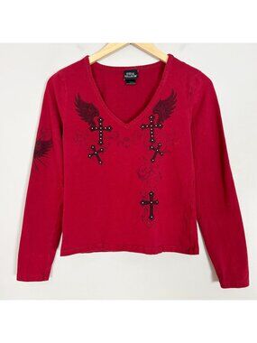 Y2K Social Collision Graphic Tee V-neck Long Sleeve Studded Size Large Women's
